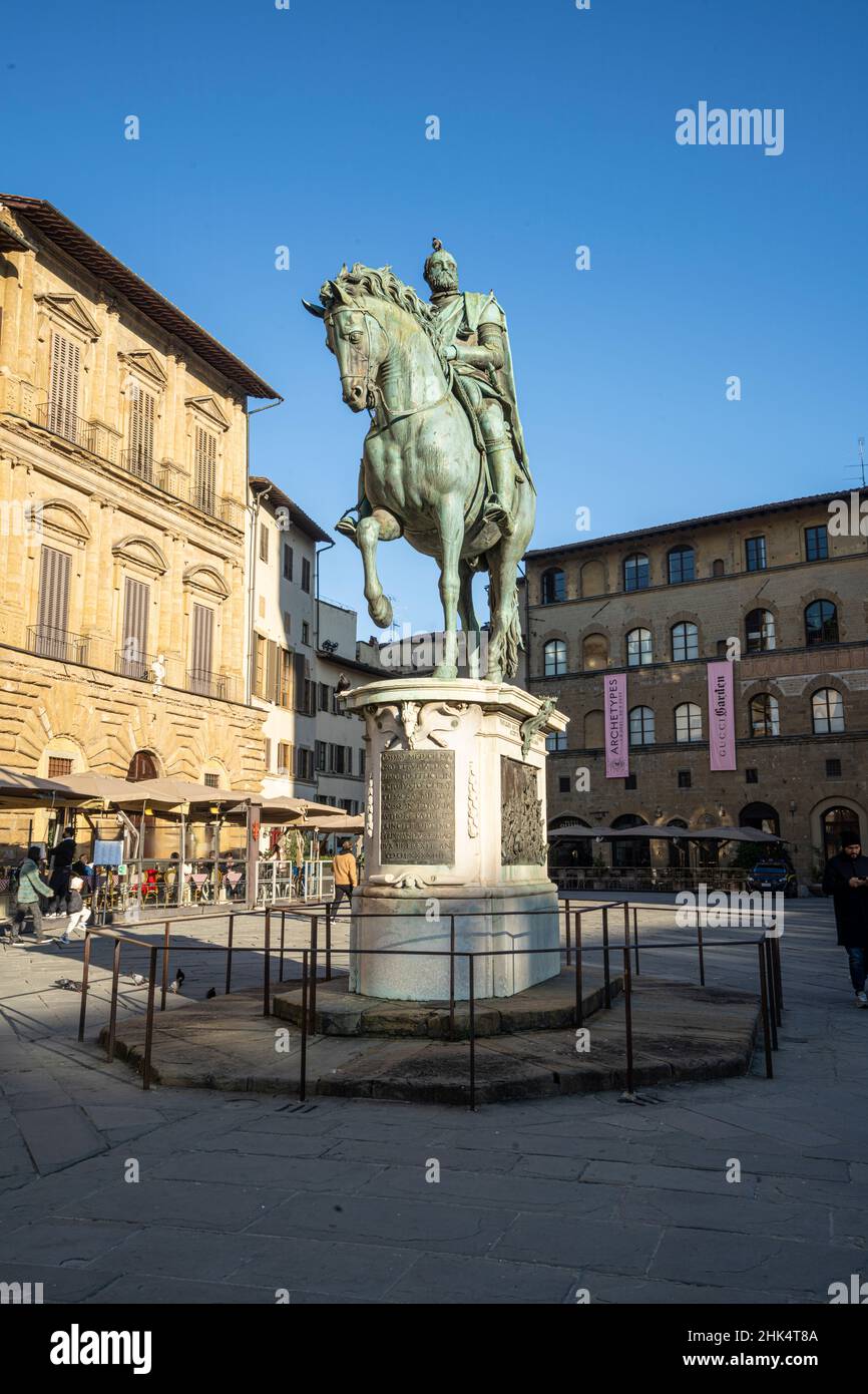 Florence, Italy. January 2022. the Equestrian statue of Cosimo I de 'Medici in the Piazza della Signoria in the city center Stock Photo