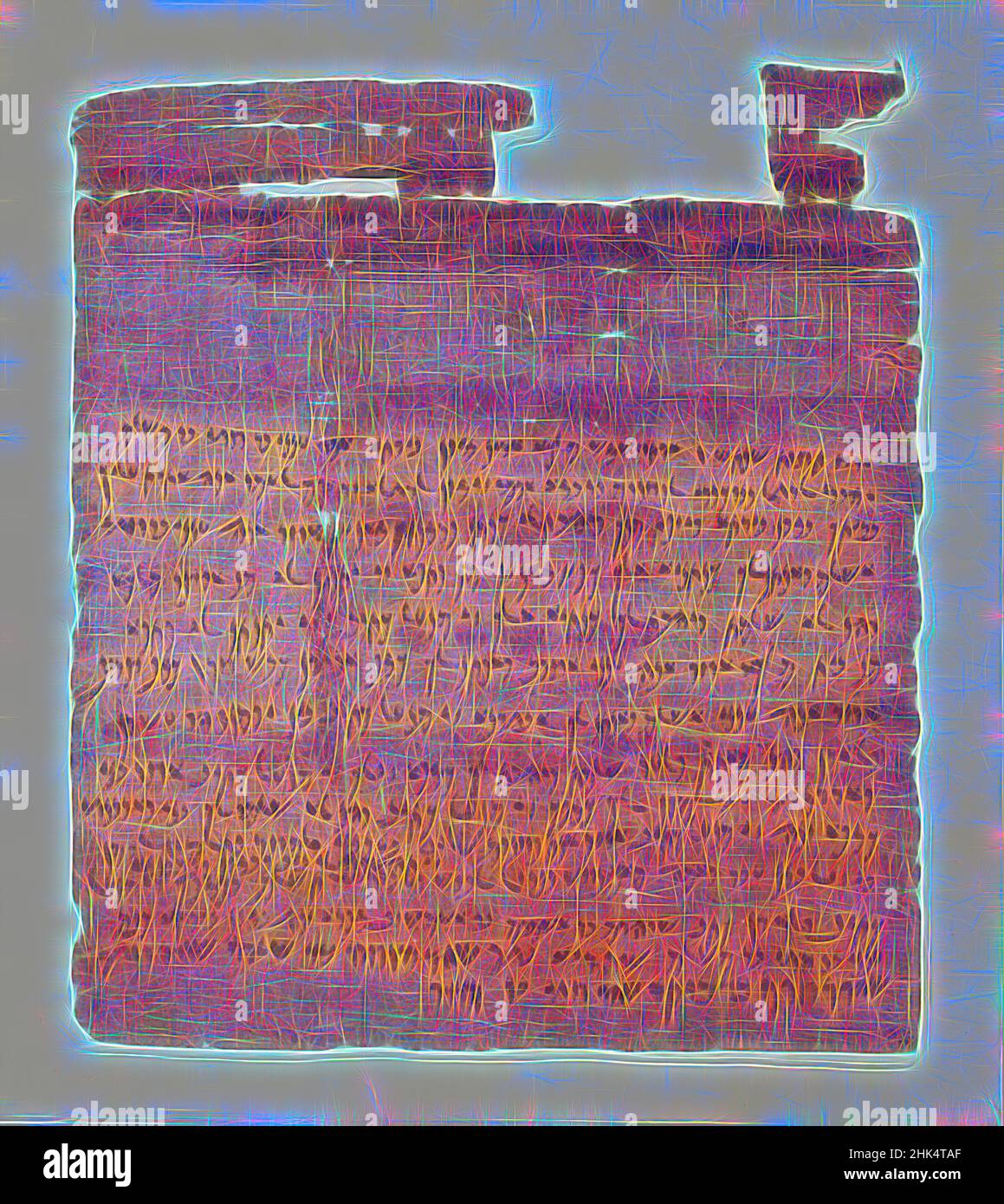 Inspired by Receipt for a Grain Loan, Aramaic, Papyrus, ink, mud, December, 402 B.C.E., Dynasty 28, Late Period, a: Glass: 14 15/16 x 16 1/4 in., 38 x 41.2 cm, agriculture, ancient, archaeology, commerce, document, Elephantine, Jewish, Jewish history, papyrus, purchase, record, text, trade, Reimagined by Artotop. Classic art reinvented with a modern twist. Design of warm cheerful glowing of brightness and light ray radiance. Photography inspired by surrealism and futurism, embracing dynamic energy of modern technology, movement, speed and revolutionize culture Stock Photo