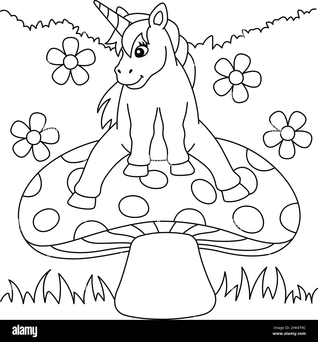 Unicorn Sitting On A Mushroom Coloring Page Stock Vector