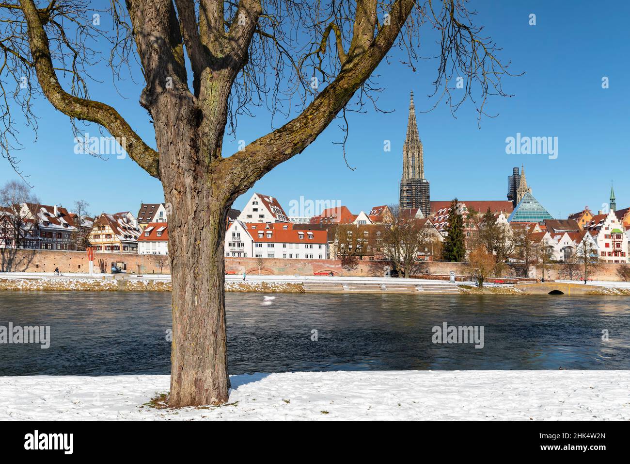 View over Danube River to Ulm Cathedral, Ulm, Swabian Alps, Baden-Wurttemberg, Germany, Europe Stock Photo