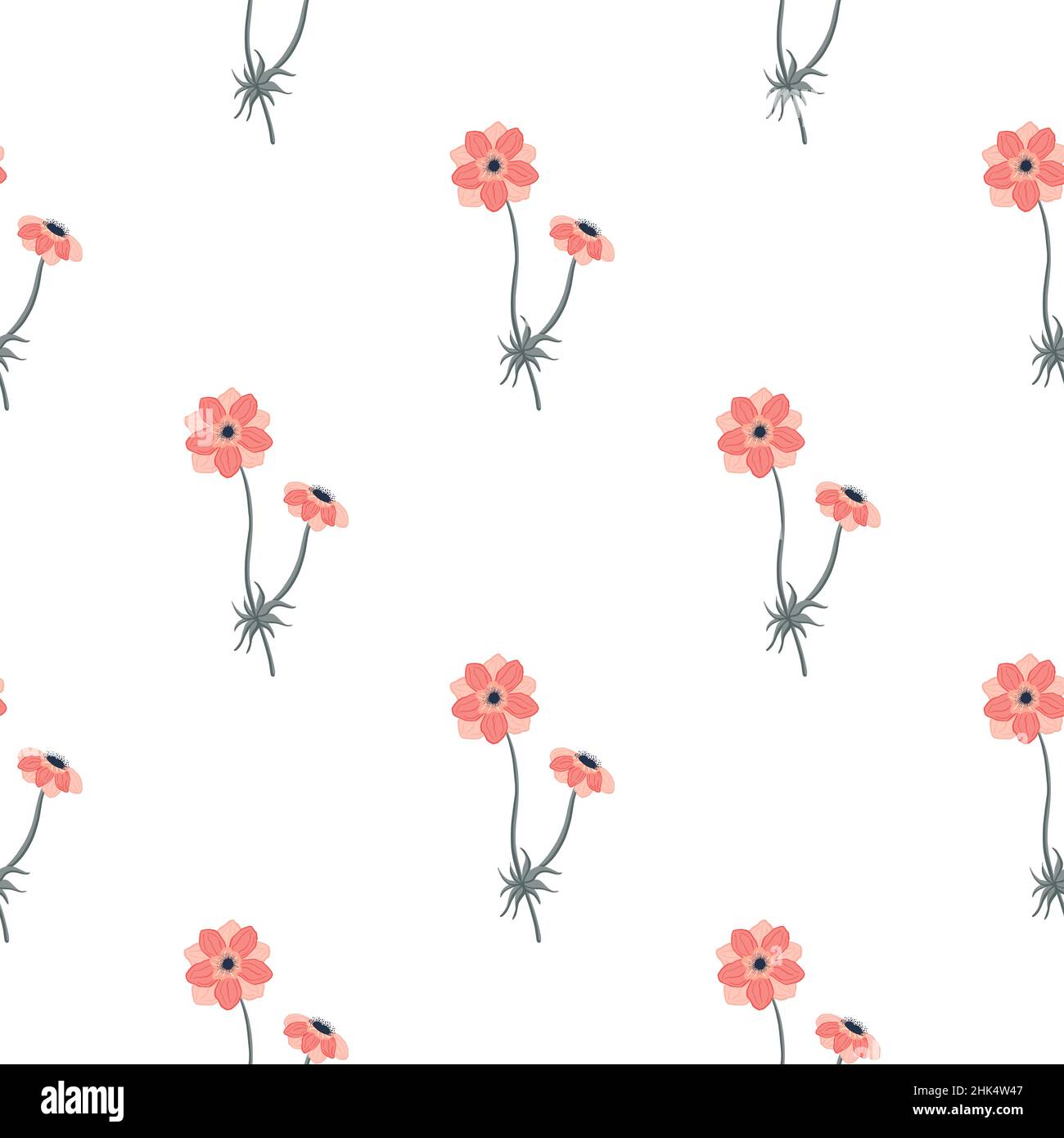 Vintage isolated seamless pattern with pink simple anemone flowers ...