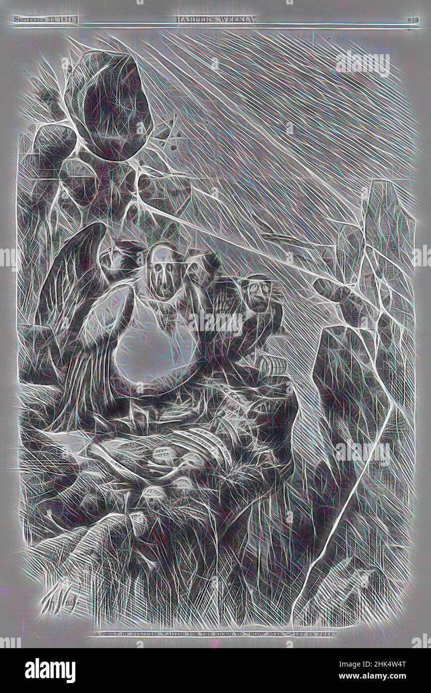 Inspired by A Group of Vultures Waiting for the Storm to 'Blow Over' - 'Let Us Prey', Thomas Nast, American, 1840-1902, Wood engraving on newsprint paper, 1871, Image: 13 11/16 x 11 1/4 in., 34.8 x 28.5 cm, Reimagined by Artotop. Classic art reinvented with a modern twist. Design of warm cheerful glowing of brightness and light ray radiance. Photography inspired by surrealism and futurism, embracing dynamic energy of modern technology, movement, speed and revolutionize culture Stock Photo
