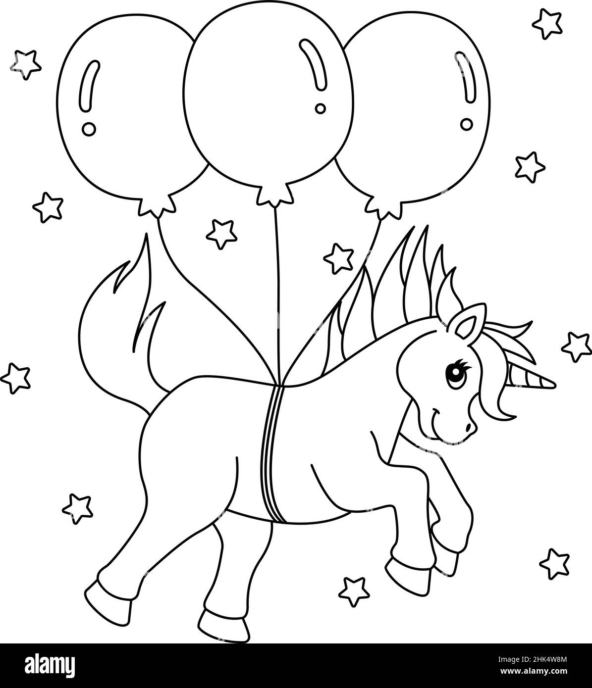 Unicorn Floating With The Balloons Coloring Page Stock Vector Image ...