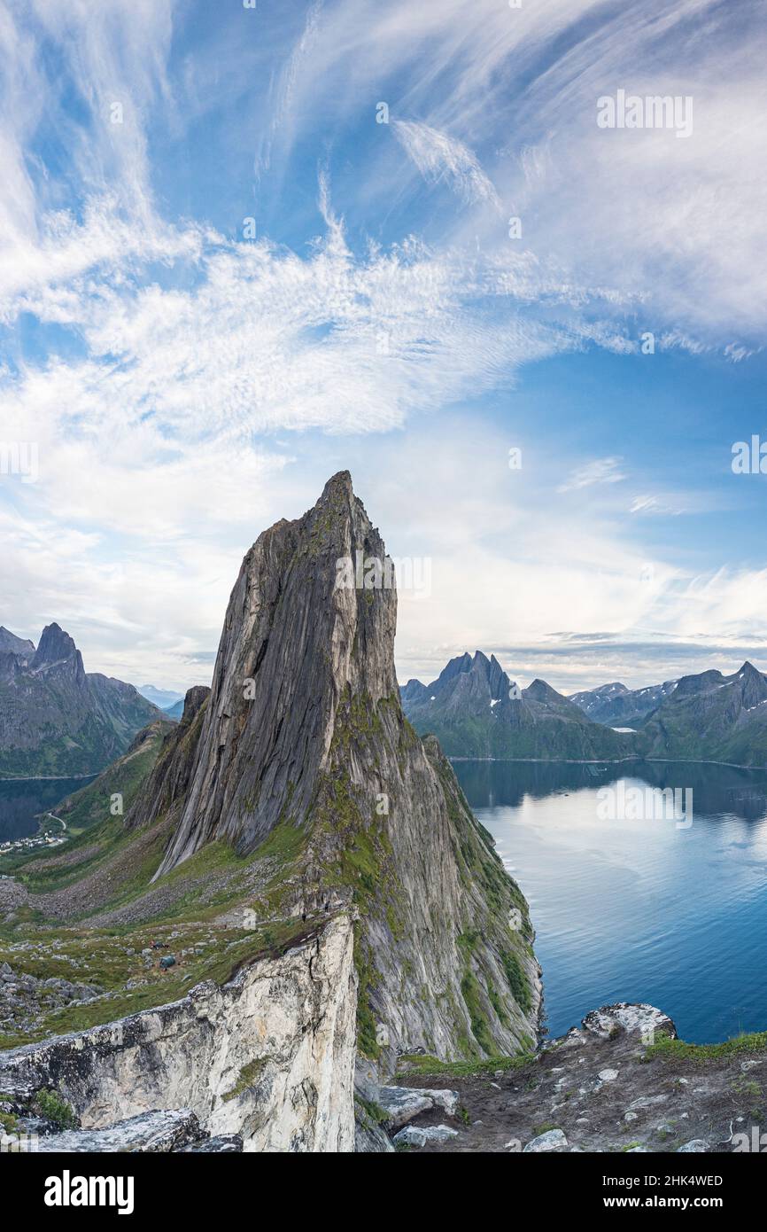Scenic view of Segla Mountain peak and fjord at sunset, Senja, Troms county, Norway, Scandinavia, Europe Stock Photo