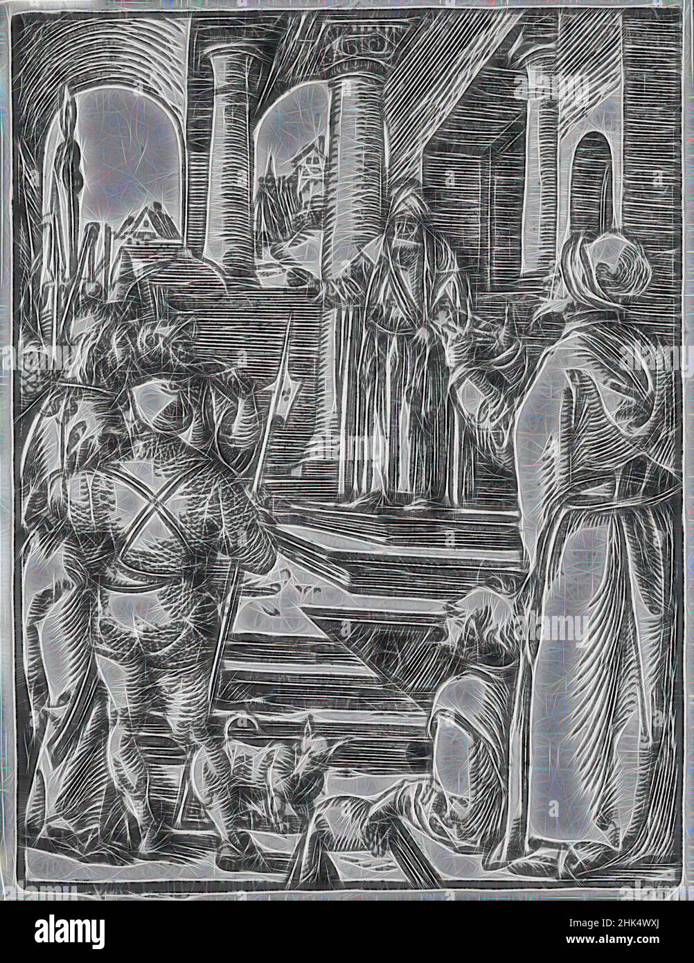 Inspired by Christ before Pilate, The Small Passion, Albrecht Dürer, German, 1471-1528, Woodcut on laid paper, Germany, 1509-1511; edition of 1511, Sheet: 5 1/4 x 4 in., 13.3 x 10.2 cm, Christ, Durer, Small Passion, woodcut, Reimagined by Artotop. Classic art reinvented with a modern twist. Design of warm cheerful glowing of brightness and light ray radiance. Photography inspired by surrealism and futurism, embracing dynamic energy of modern technology, movement, speed and revolutionize culture Stock Photo