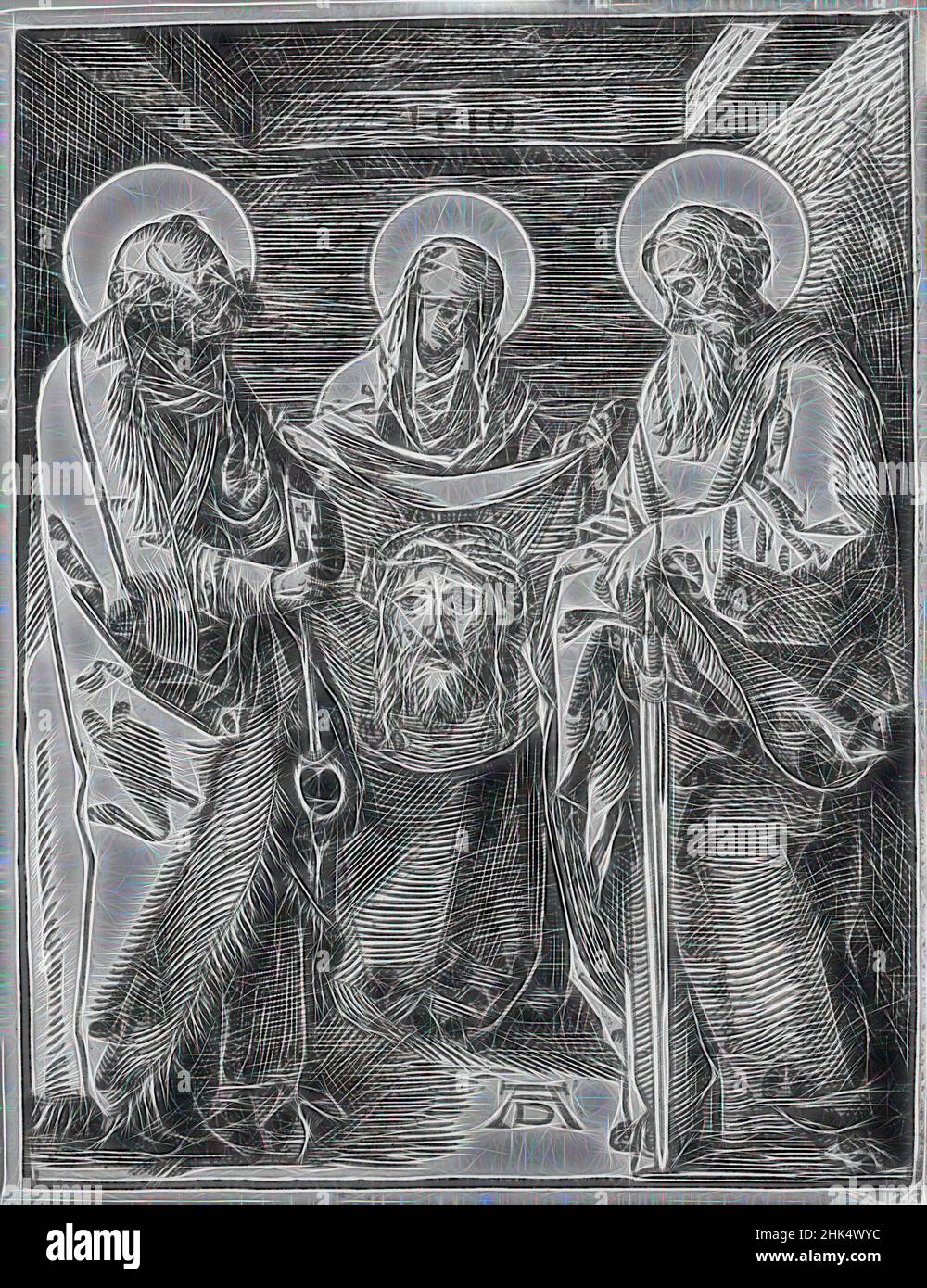Inspired by Saint Veronica Between Saints Peter and Paul, The Small Passion, Albrecht Dürer, German, 1471-1528, Woodcut on laid paper, Germany, 1510; edition of 1511, Sheet: 5 1/8 x 5 1/16 in., 13 x 12.9 cm, Christ, Durer, saints, Small Passion, woodcut, Reimagined by Artotop. Classic art reinvented with a modern twist. Design of warm cheerful glowing of brightness and light ray radiance. Photography inspired by surrealism and futurism, embracing dynamic energy of modern technology, movement, speed and revolutionize culture Stock Photo