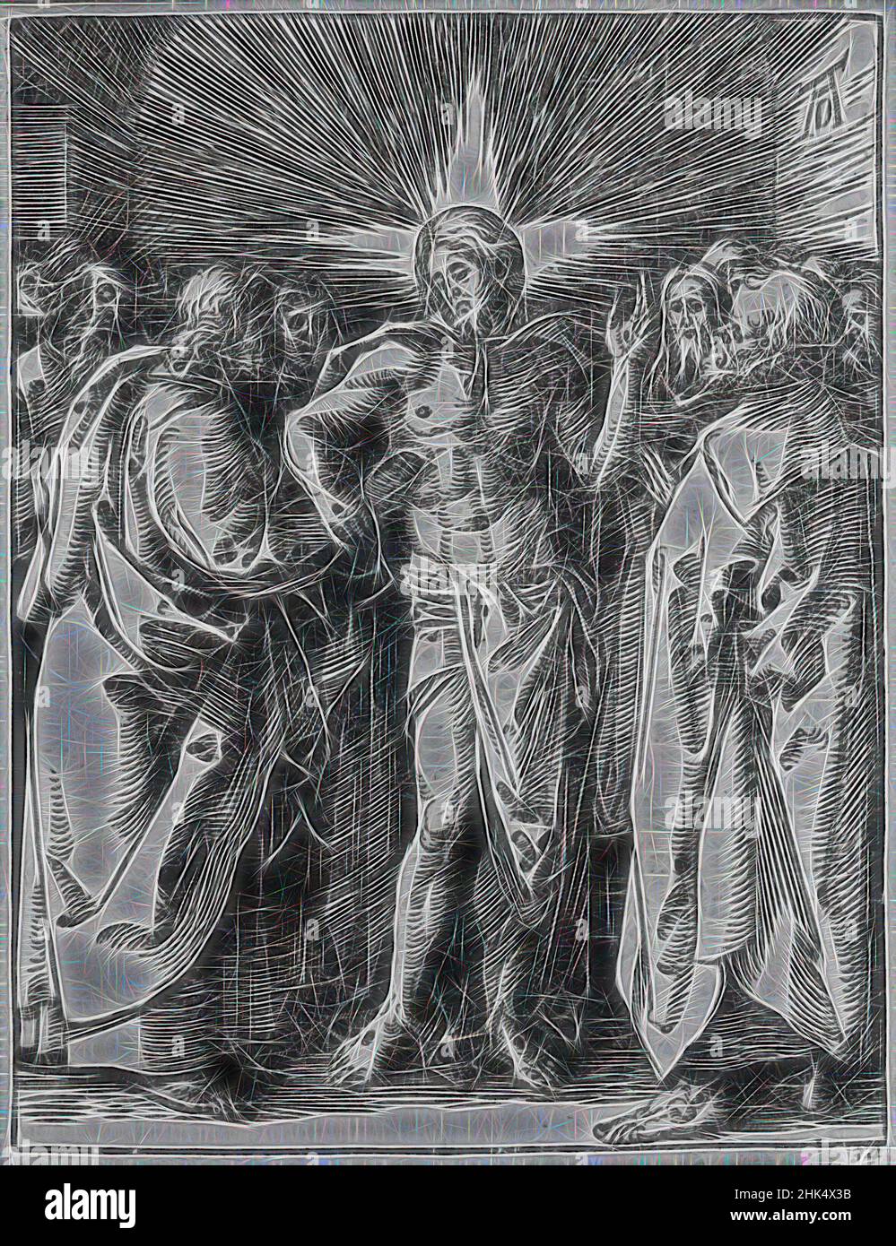 Inspired by Doubting Thomas, The Small Passion, Albrecht Dürer, German, 1471-1528, Woodcut on laid paper, Germany, 1509-1511; edition of 1511, Image: 5 x 3 3/4 in., 12.7 x 9.5 cm, Christ, Doubting Thomas, Durer, Small Passion, woodcut, Reimagined by Artotop. Classic art reinvented with a modern twist. Design of warm cheerful glowing of brightness and light ray radiance. Photography inspired by surrealism and futurism, embracing dynamic energy of modern technology, movement, speed and revolutionize culture Stock Photo