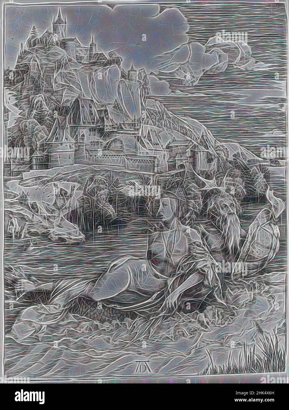 Inspired by The Sea Monster, Albrecht Dürer, German, 1471-1528, Engraving on laid paper, Germany, 1500, 9 7/8 x 7 3/8 in., 25.1 x 18.7 cm, Reimagined by Artotop. Classic art reinvented with a modern twist. Design of warm cheerful glowing of brightness and light ray radiance. Photography inspired by surrealism and futurism, embracing dynamic energy of modern technology, movement, speed and revolutionize culture Stock Photo