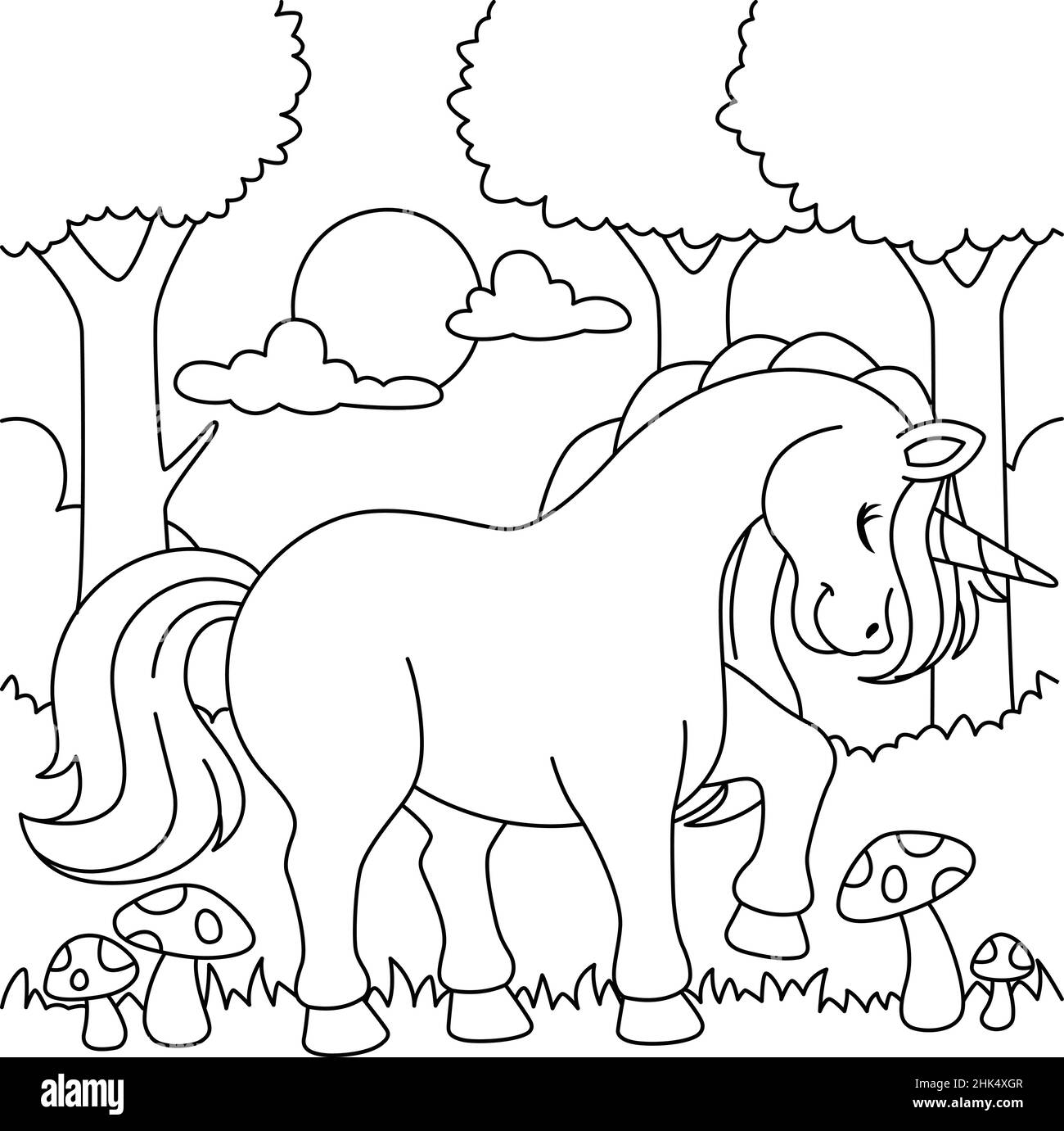Unicorn In A Forest Coloring Page for Kids  Stock Vector