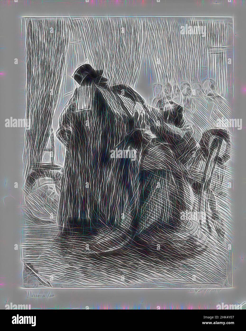 Inspired by Mourning, Le Deuil, Albert Besnard, French, 1849-1934, Etching on laid paper, ca. 1886, 12 7/16 x 9 3/4 in., 31.6 x 24.7 cm, Reimagined by Artotop. Classic art reinvented with a modern twist. Design of warm cheerful glowing of brightness and light ray radiance. Photography inspired by surrealism and futurism, embracing dynamic energy of modern technology, movement, speed and revolutionize culture Stock Photo