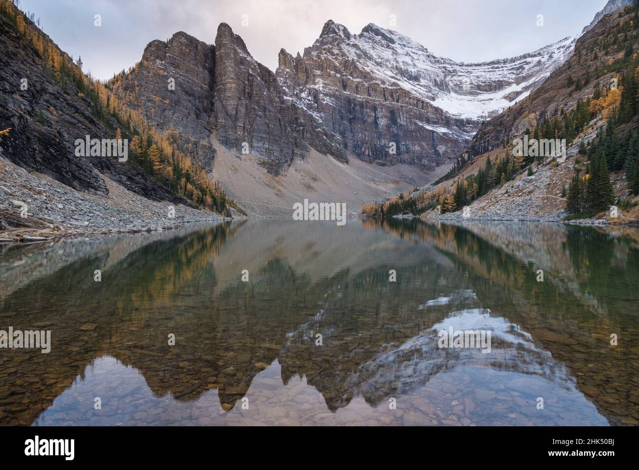 Mount Niblock and Mount Whyte at Lake Agnes with Autumn Larches, Banff National Park, UNESCO World Heritage Site, Alberta, Canadian Rockies, Canada Stock Photo