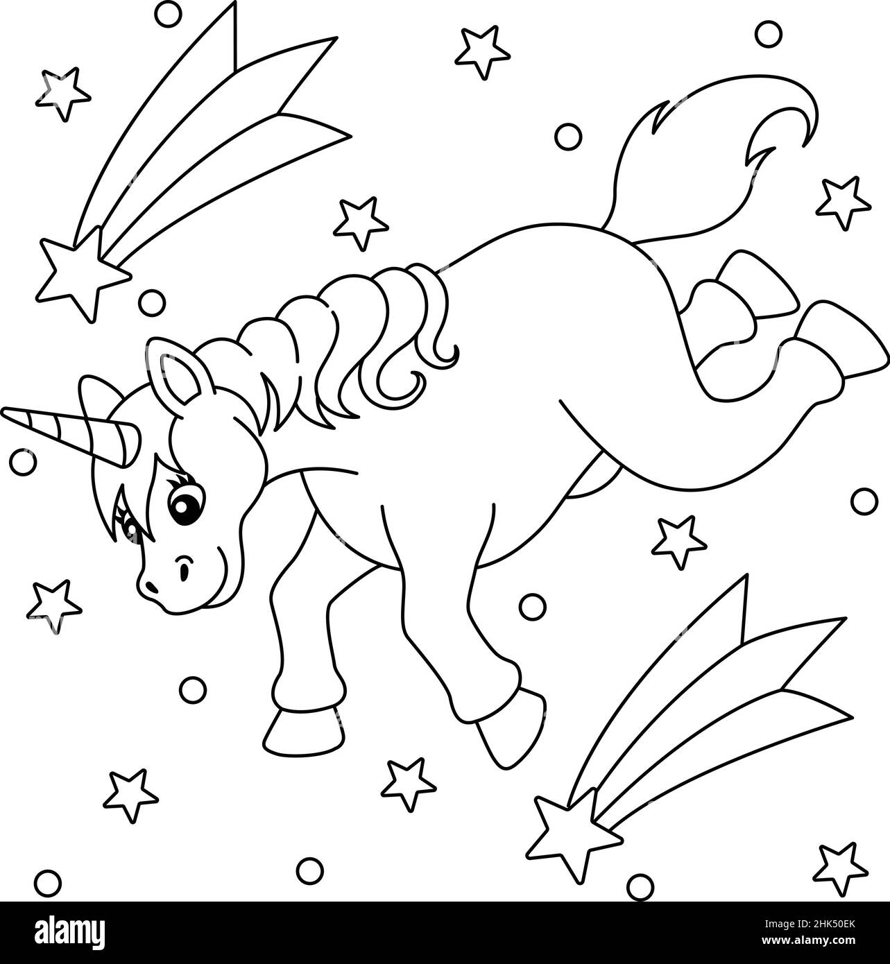 Falling Unicorn And Shooting Star Coloring Page Stock Vector