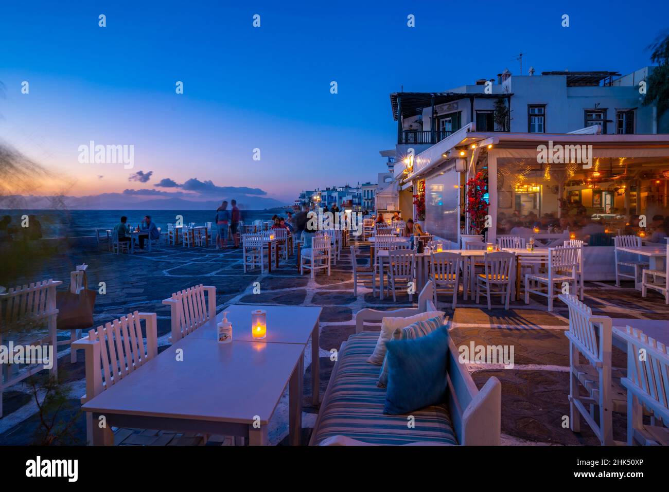View of restaurants at Little Venice in Mykonos Town at night, Mykonos, Cyclades Islands, Greek Islands, Aegean Sea, Greece, Europe Stock Photo