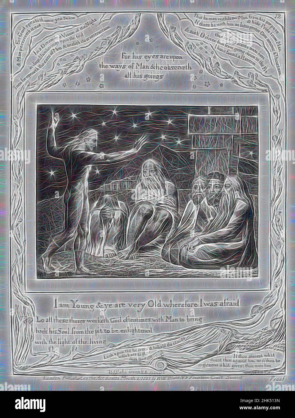 Inspired by I Am Young & Ye Are Very Old Wherefore I Was Afraid, from Illustrations of the Book of Job, William Blake, British, 1757-1827, Engraving, 1825, 8 5/16 x 6 7/16 in., 21.1 x 16.3 cm, Reimagined by Artotop. Classic art reinvented with a modern twist. Design of warm cheerful glowing of brightness and light ray radiance. Photography inspired by surrealism and futurism, embracing dynamic energy of modern technology, movement, speed and revolutionize culture Stock Photo