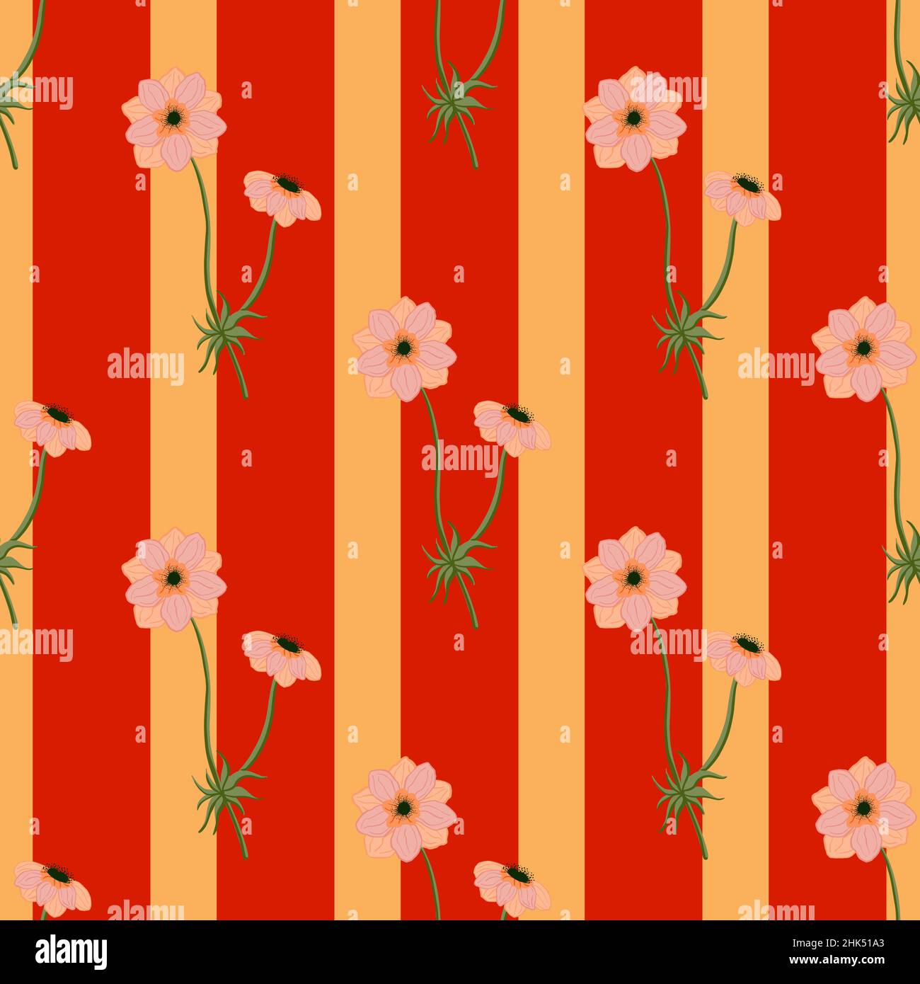 Summer seamless pattern with cute pink anemone flowers shapes. Red and orange striped background. Stock illustration. Vector design for textile, fabri Stock Vector