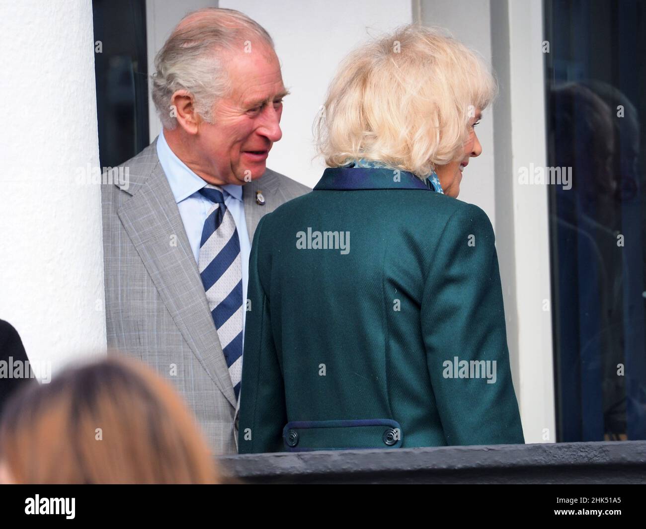 Sheerness, Kent, UK. 2nd Feb, 2022. Prince Charles & Camilla visiting the Sports Centre / Healthy Living Centre in Sheerness, Kent this morning as part of a tour of Kent. They arrived at the Sheerness Healthy Living Centre meeting with staff and volunteers from local charity Sheppey Matters, the 'Isle Connect You' project (tackling loneliness on the Island), a Nordic walking group, and local community radio station Sheppey FM. Credit: James Bell/Alamy Live News Stock Photo