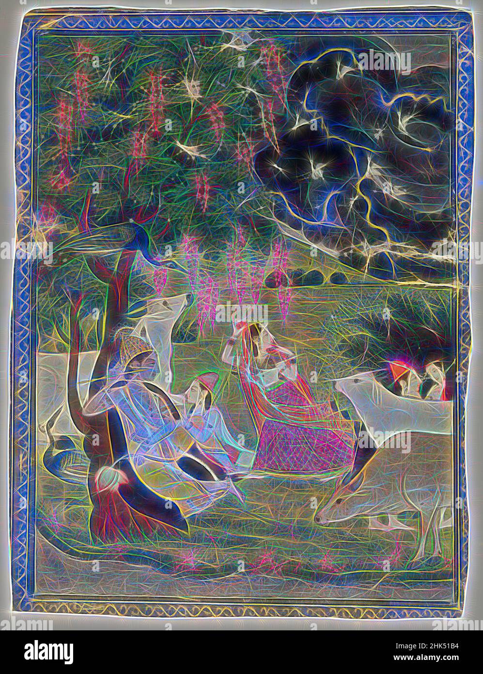 Inspired by Krishna and Radha under a Tree in a Storm, Indian, Opaque watercolor and gold on paper, Kangra, Punjab Hills, India, ca. 1790-early 19th century, sheet: 9 x 6 3/4 in., 22.9 x 17.1 cm, allegory, Asian, birds, clouds, consort, cows, flower, god, Gold, Gopi, grass, green, herd, Hindu, Indian, Reimagined by Artotop. Classic art reinvented with a modern twist. Design of warm cheerful glowing of brightness and light ray radiance. Photography inspired by surrealism and futurism, embracing dynamic energy of modern technology, movement, speed and revolutionize culture Stock Photo