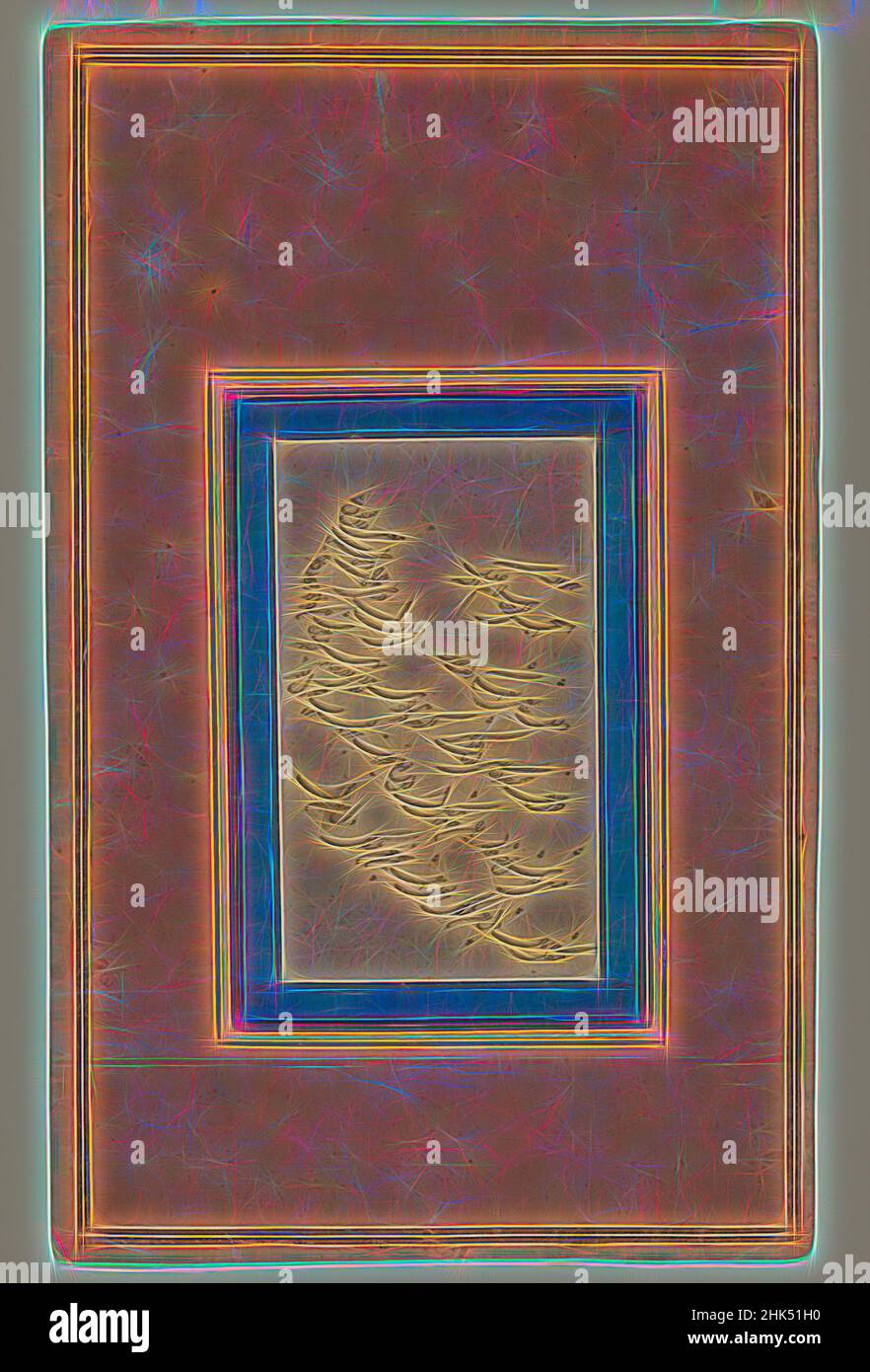 Inspired by Page of Calligraphy, Ink on light salmon pink border, 19th century, Calligraphy: 2 1/2 x 4 1/8 in., 6.3 x 10.5 cm, Reimagined by Artotop. Classic art reinvented with a modern twist. Design of warm cheerful glowing of brightness and light ray radiance. Photography inspired by surrealism and futurism, embracing dynamic energy of modern technology, movement, speed and revolutionize culture Stock Photo
