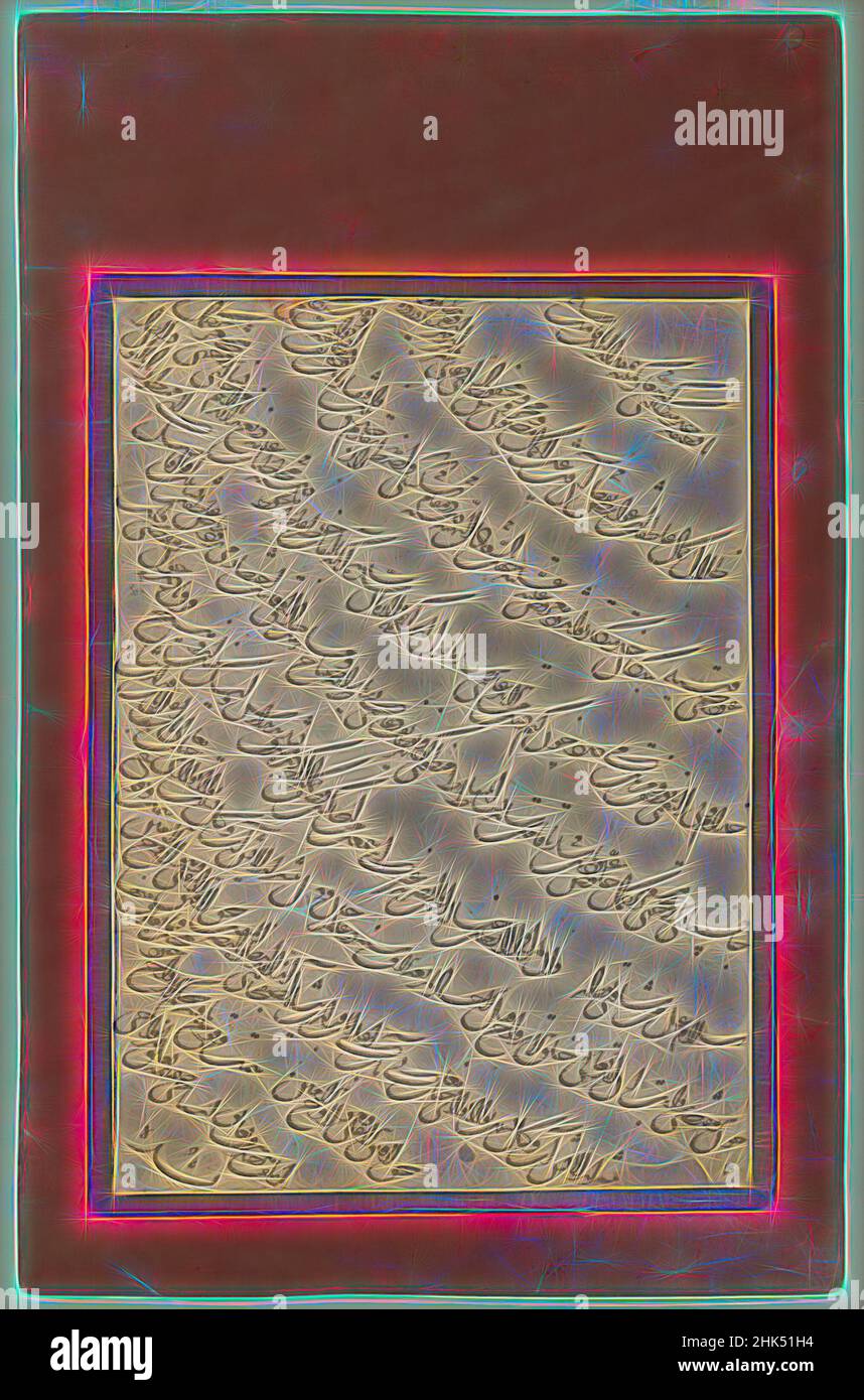 Inspired by Calligraphy, Page of calligraphy with on  with salmon colored border edge. Five lines written on black ink ascending to the left with red accent marks, surrounded by a dark blue 1/4' border., early 19th century, 7 15/16 x 12 5/16 in., 20.2 x 31.3 cm, Reimagined by Artotop. Classic art reinvented with a modern twist. Design of warm cheerful glowing of brightness and light ray radiance. Photography inspired by surrealism and futurism, embracing dynamic energy of modern technology, movement, speed and revolutionize culture Stock Photo