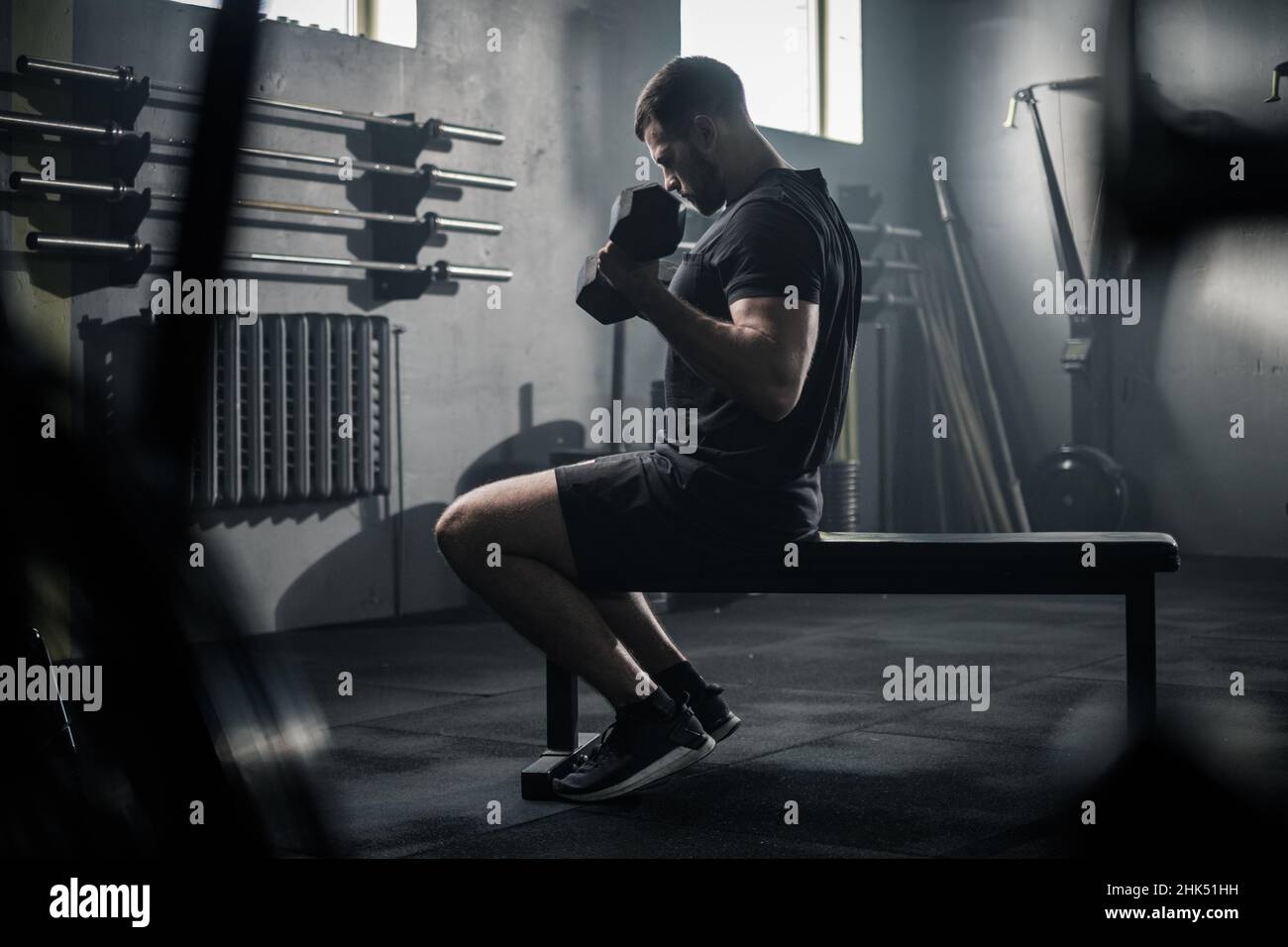 Man Train Arms Muscles By Lifting Dumbbells Stock Photo Alamy