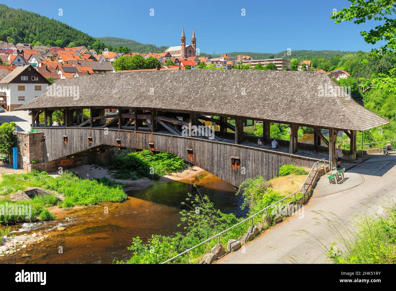 Wooden Bridge over Murg River, Forbach, Murgtal Valley, Black Forest, Baden-Wurttemberg, Germany, Europe Stock Photo