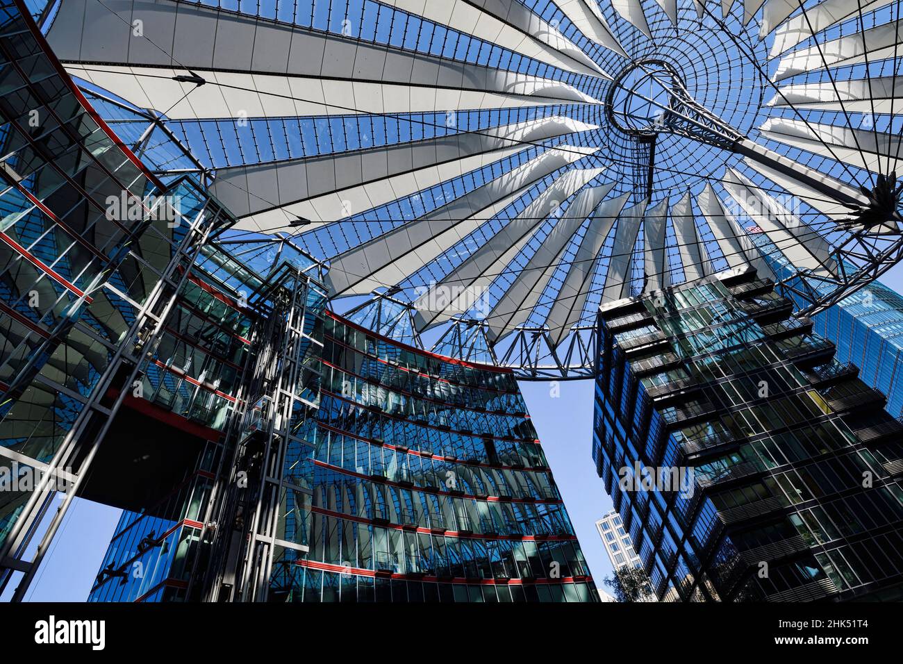 Tented glass roof dome with skyscrapers of the Sony Center, Potsdam Square, Berlin, Germany, Europe Stock Photo