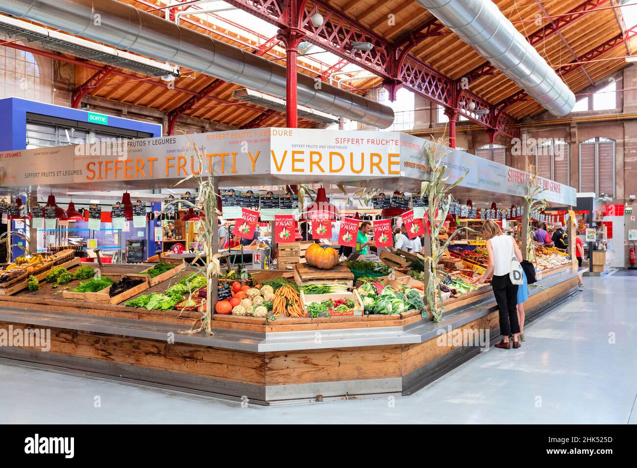 Market hall, Petite Venise district, Colmar, Alsace, Haut-Rhin, France, Europe Stock Photo
