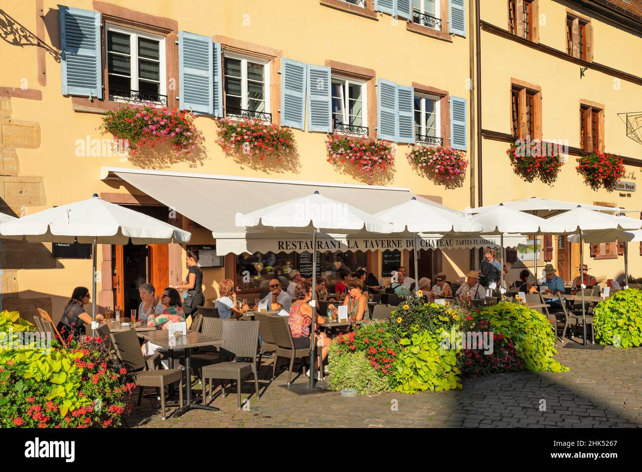 Place de Chateau St. Leon, Eguisheim, Alsace, Alsatian Wine Route, Haut-Rhin, France, Europe Stock Photo