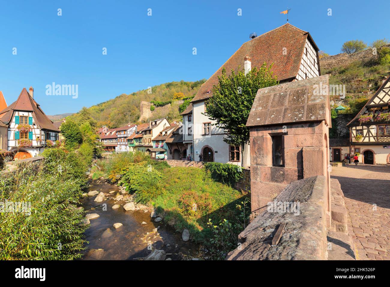 Weir Bridge across Weiss River, Kaysersberg, Alsace, Alsatian Wine Route, Haut-Rhin, France, Europe Stock Photo