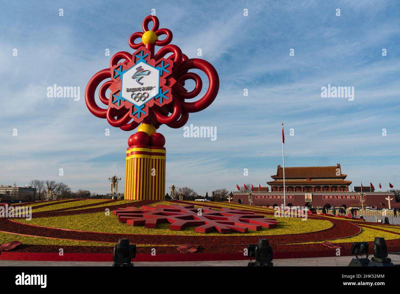 Beijing, China - January 28, 2022: Chinese knot, Decorative stand promoting the Beijing Winter Olympics Games 2022 on Tian'anmen Square, Beijing Stock Photo