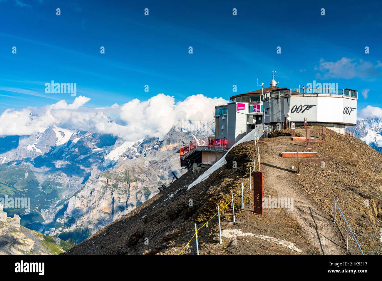 Cable station on top of Schilthorn mountain with Piz Gloria restaurant, Murren, Jungfrau Region, Bernese Oberland, Swiss Alps, Switzerland, Europe Stock Photo