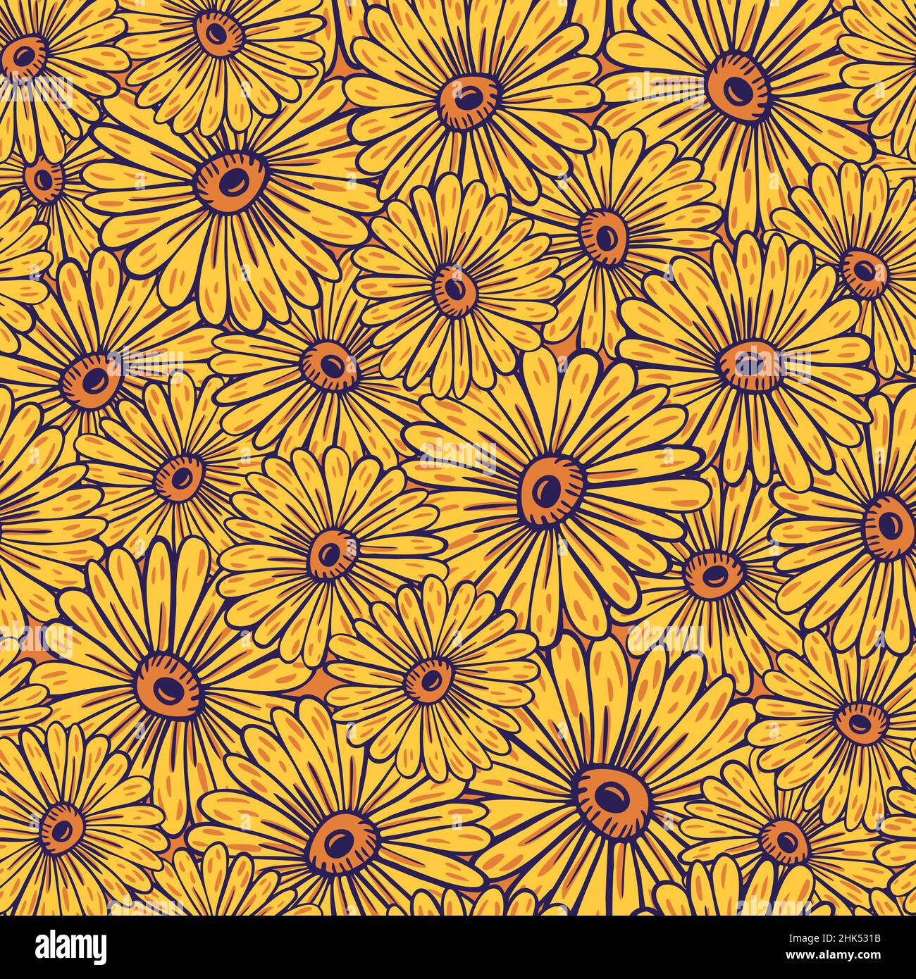Summer style seamless pattern with yellow random sunflowers elements print. Decorative bloom artwork. Vector illustration for seasonal textile prints, Stock Vector