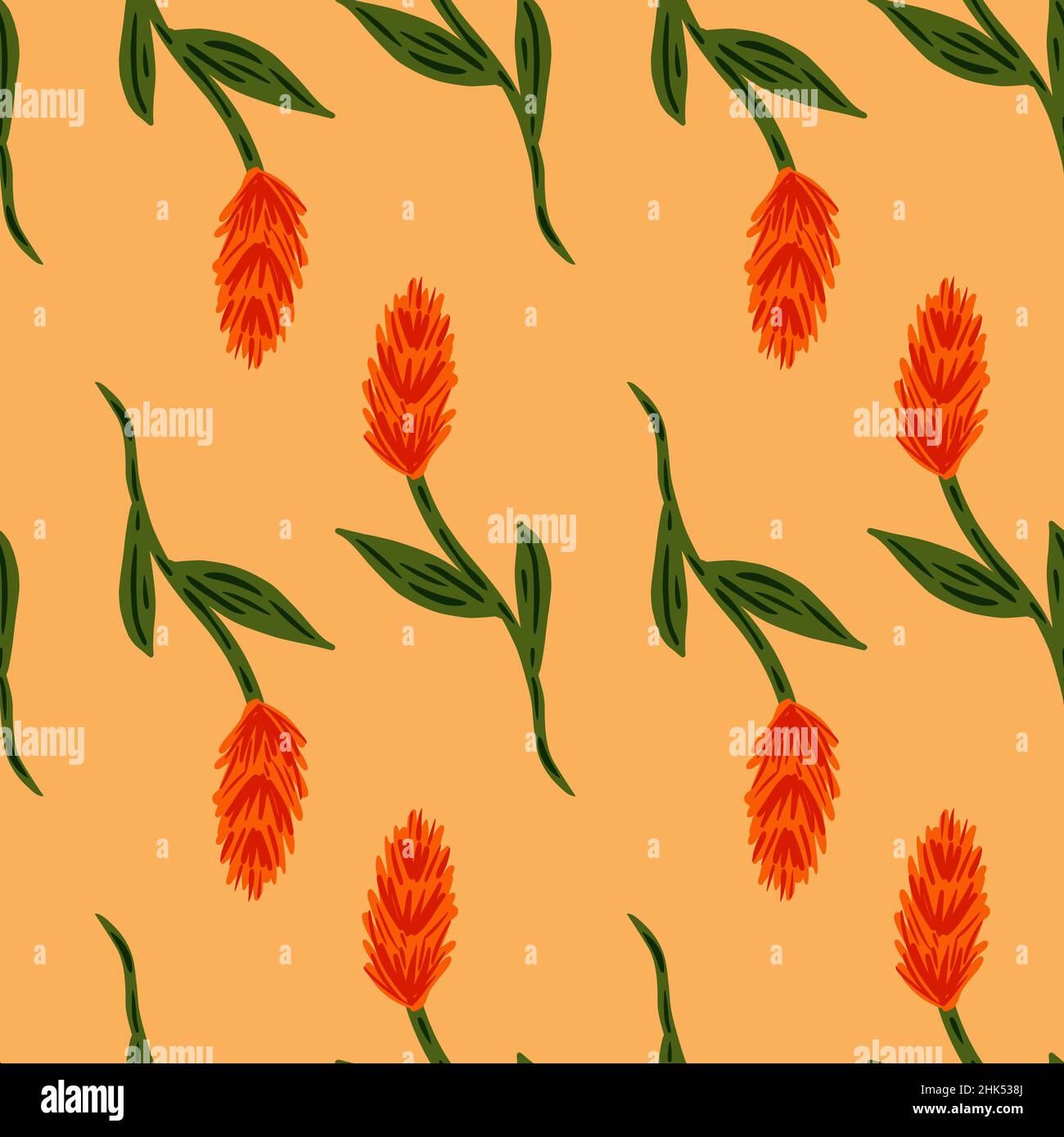 Simple style seamless farm pattern with red doodle ear of wheat ornament. Light pastel orange background. Graphic design for wrapping paper and fabric Stock Vector