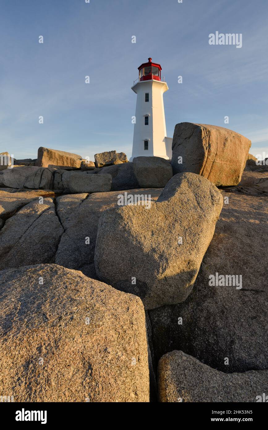 Lighthouse in Peggy's Cove at sunrise, Nova Scotia, Canada, North America Stock Photo