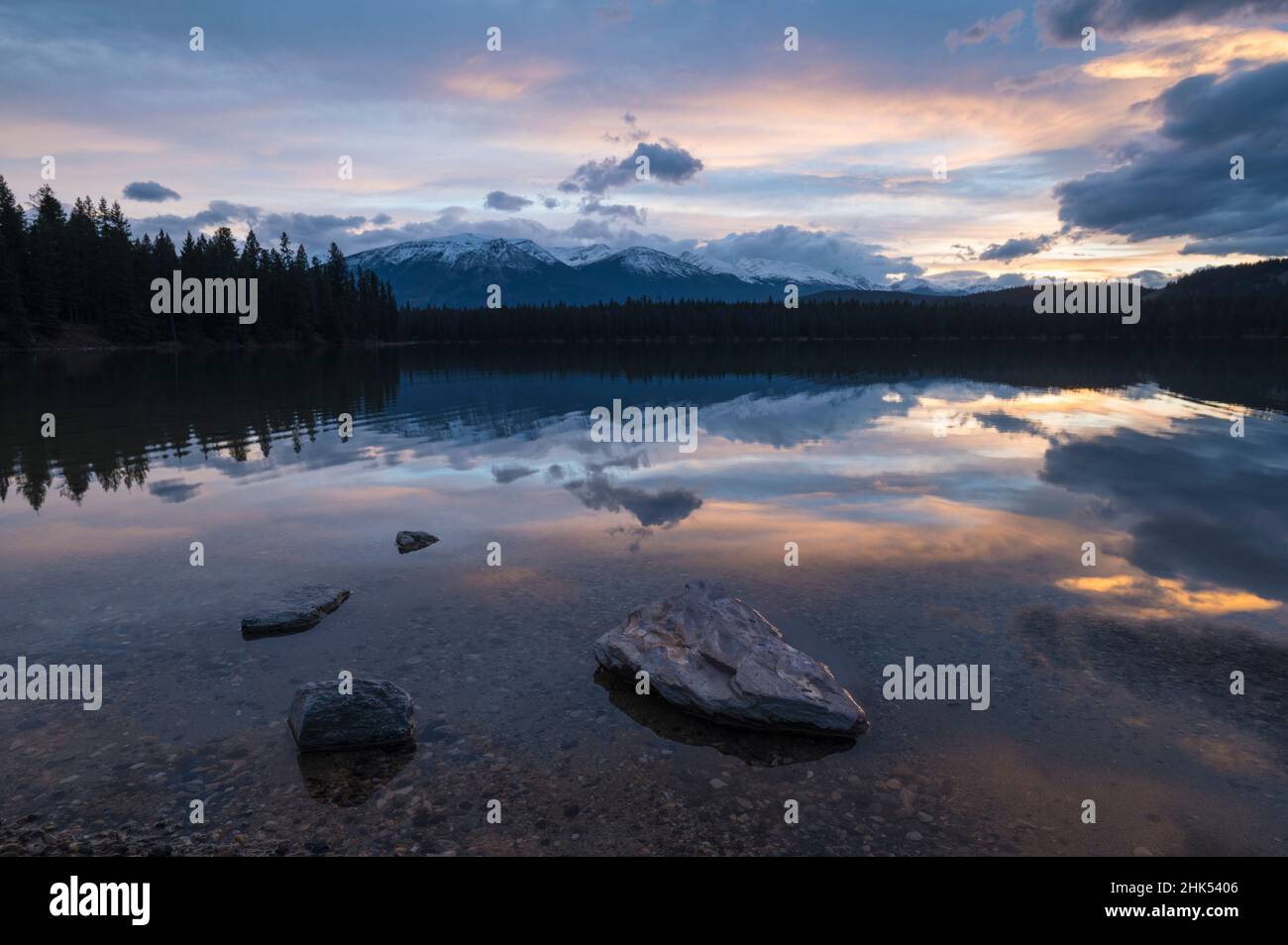 Sunset at Annette Lake, Jasper National Park, UNESCO World Heritage Site, Alberta, Canadian Rockies, Canada, North America Stock Photo