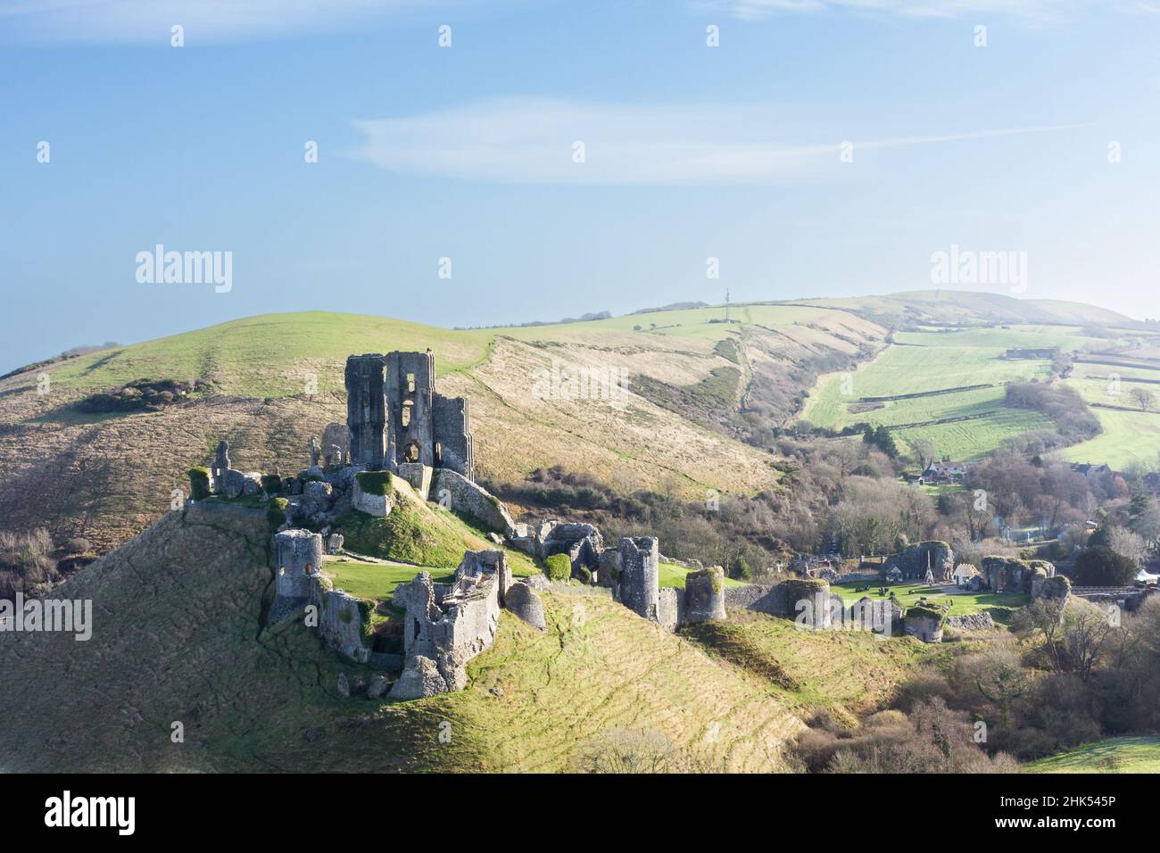 View of Corfe Castle on a sunny winter morning. Stock Photo