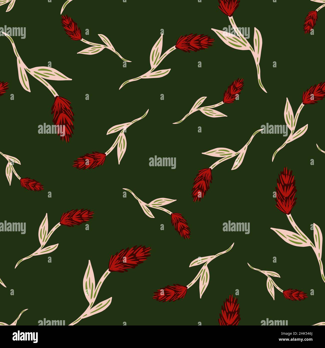Random red colored ear of wheat doodle seamless pattern. Dark green background. Agronomy floral backdrop. Graphic design for wrapping paper and fabric Stock Vector