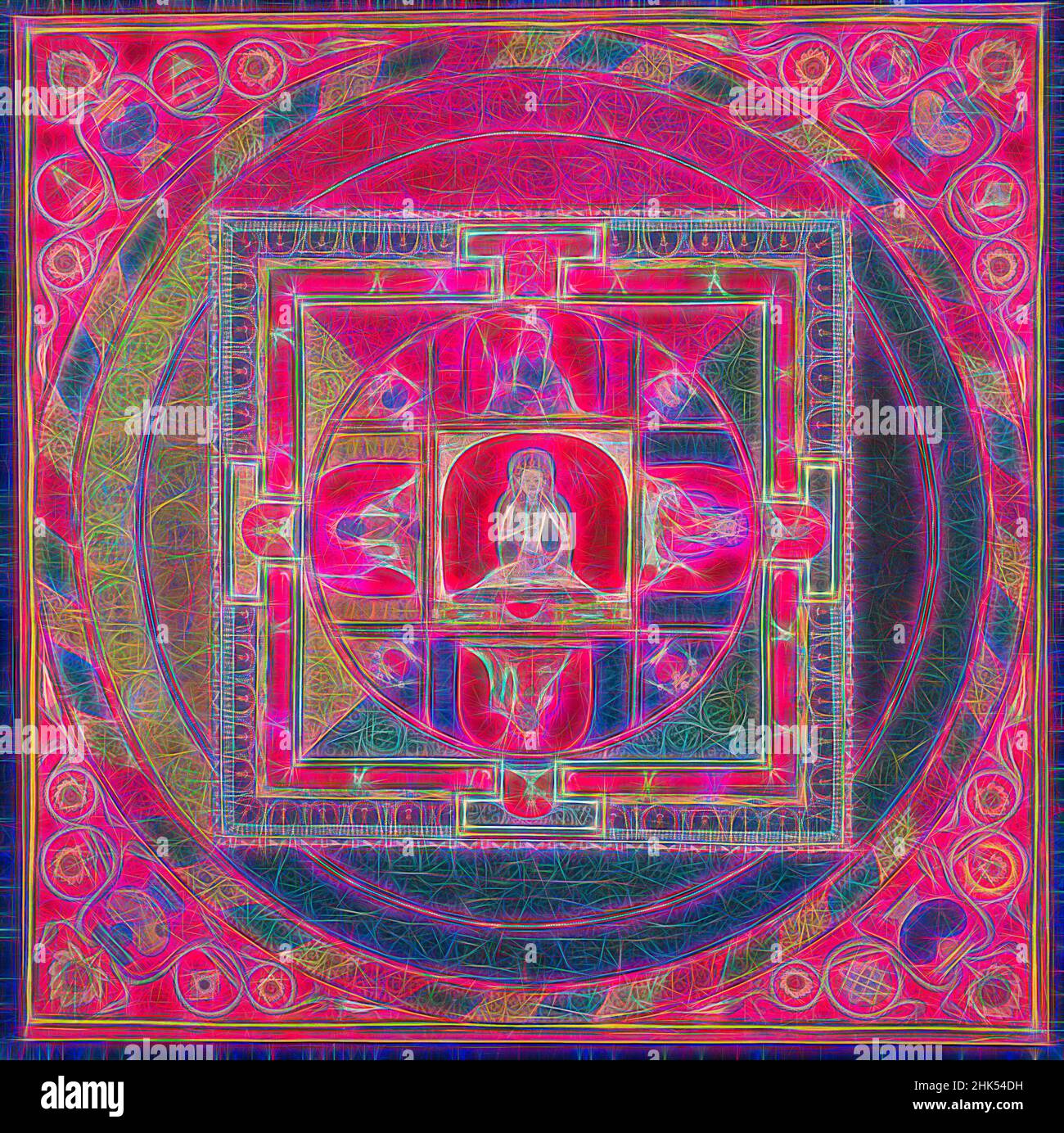 Inspired by Mandala of Vajrasattva, Opaque watercolors on cotton, Tibet, 15th century, framed, 15 Â½ x 15 1/2 in., cotton, mandala, Reimagined by Artotop. Classic art reinvented with a modern twist. Design of warm cheerful glowing of brightness and light ray radiance. Photography inspired by surrealism and futurism, embracing dynamic energy of modern technology, movement, speed and revolutionize culture Stock Photo