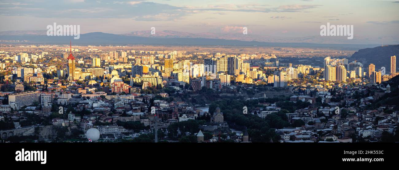 Cityscape view of Tbilisi at sunset, Tbilisi, Georgia (Sakartvelo), Central Asia, Asia Stock Photo