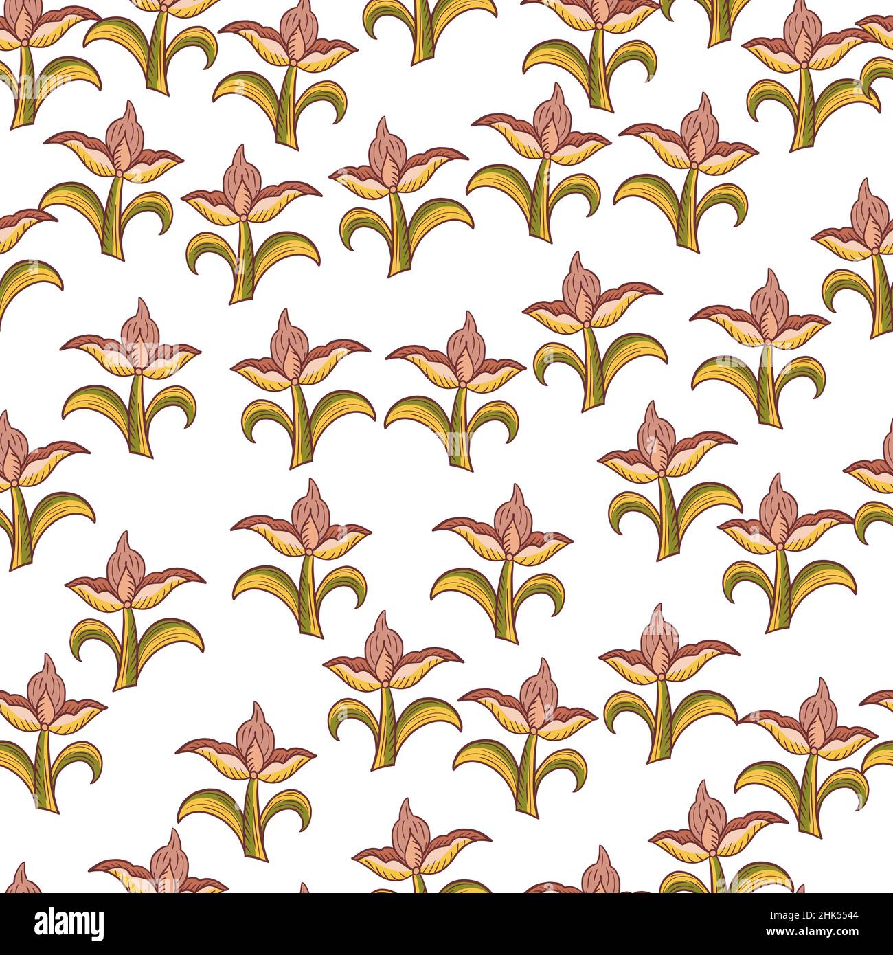 Isolated seamless pattern with green and pink random tulip flowers ...