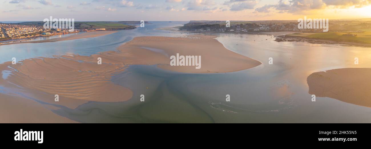 Aerial panorama of the Camel Estuary at dawn, Padstow, Cornwall, England, United Kingdom, Europe Stock Photo