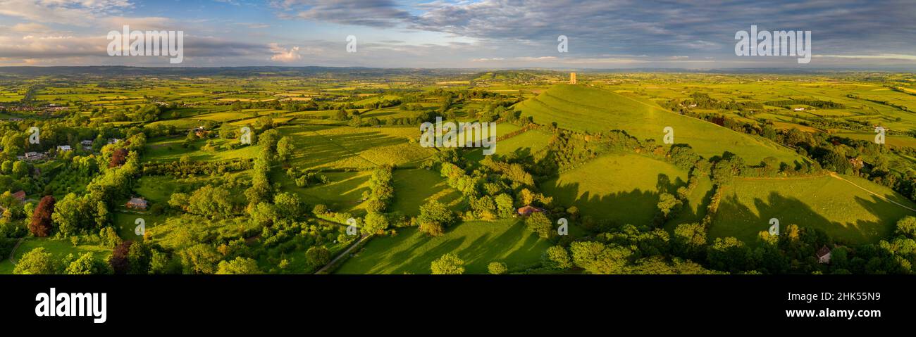 Aerial panorama of Glastonbury Tor and surrounding rolling countryside, Somerset, England, United Kingdom, Europe Stock Photo