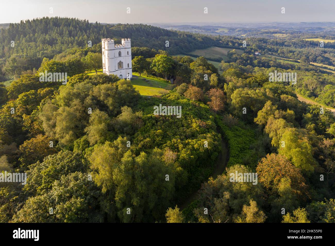 Aerial view of Haldon Belvedere Tower (Lawrence Castle) on a sunny late summer morning, Haldon, Devon, England, United Kingdom, Europe Stock Photo