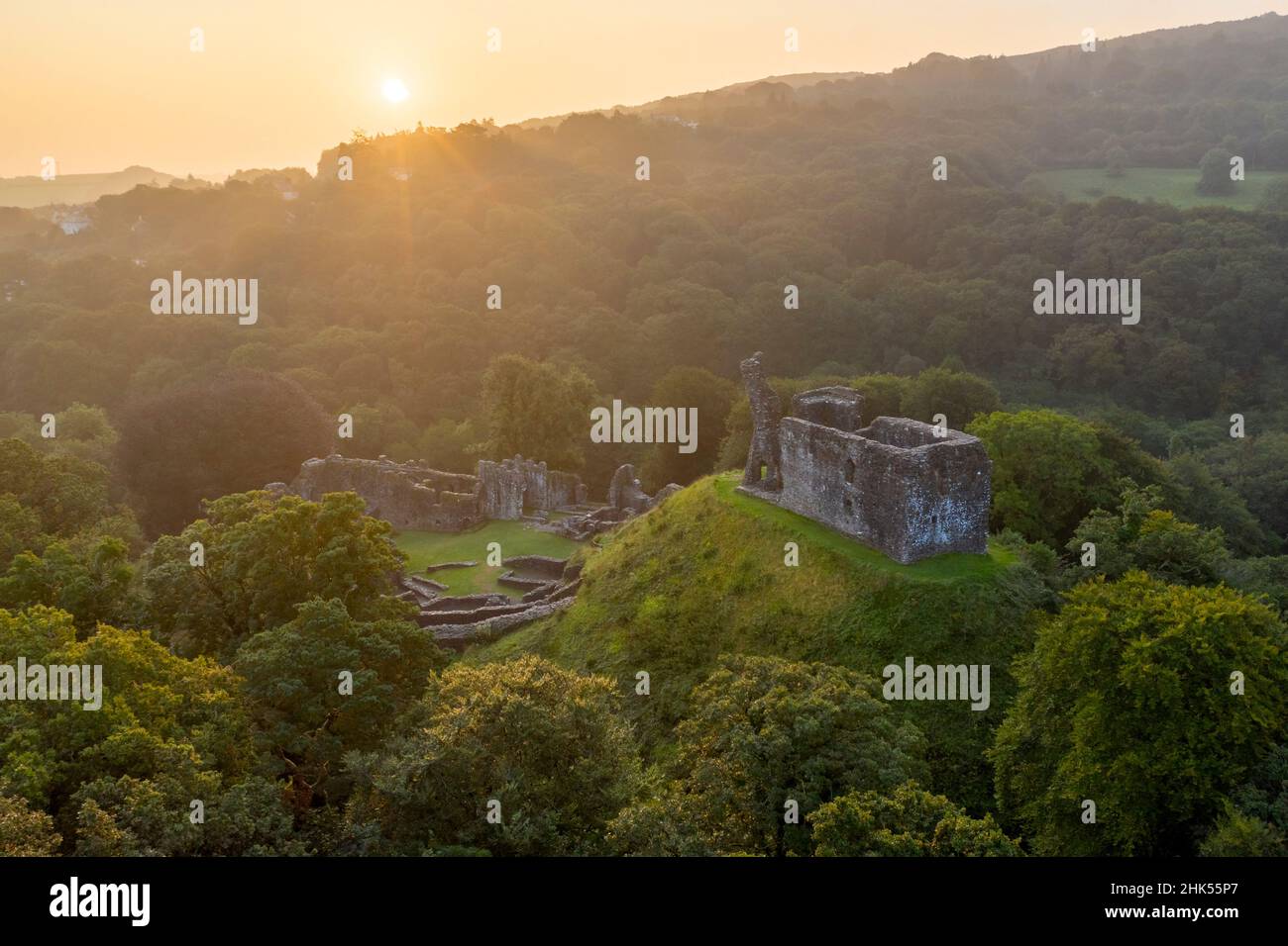 The ruins of Okehampton Castle at sunrise, Okehampton, Devon, England, United Kingdom, Europe Stock Photo