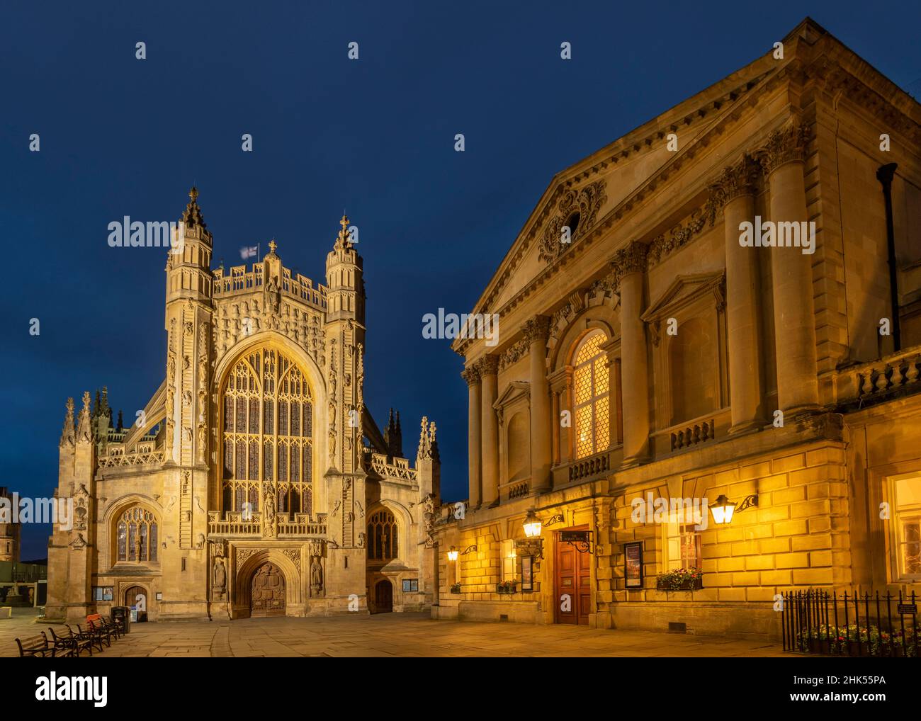 Bath Abbey and the Roman Baths at twilight, Bath, UNESCO World Heritage Site, Somerset, England, United Kingdom, Europe Stock Photo