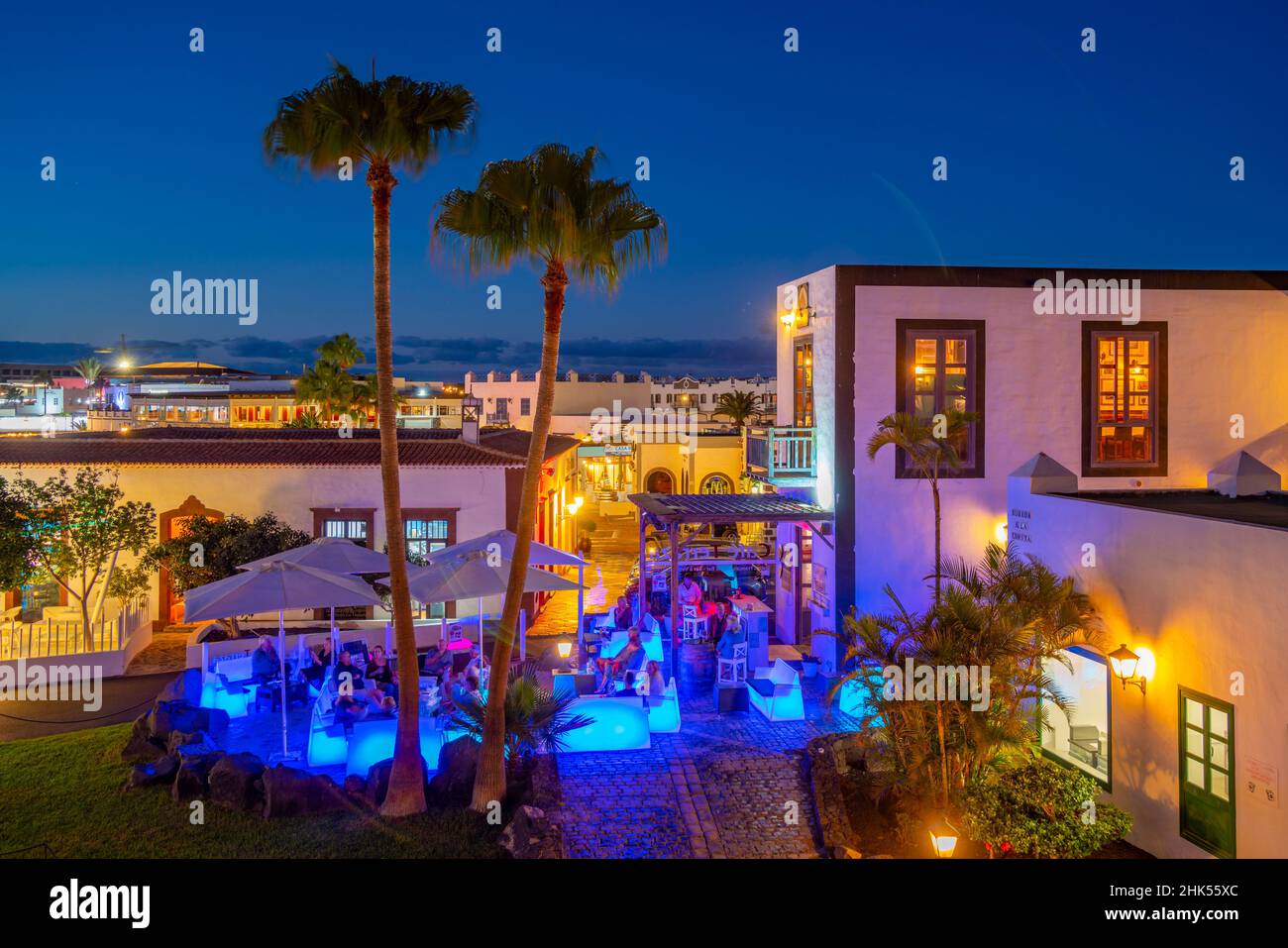 View of cafe at dusk in Marina Rubicon, Playa Blanca, Lanzarote, Canary Islands, Spain, Atlantic, Europe Stock Photo