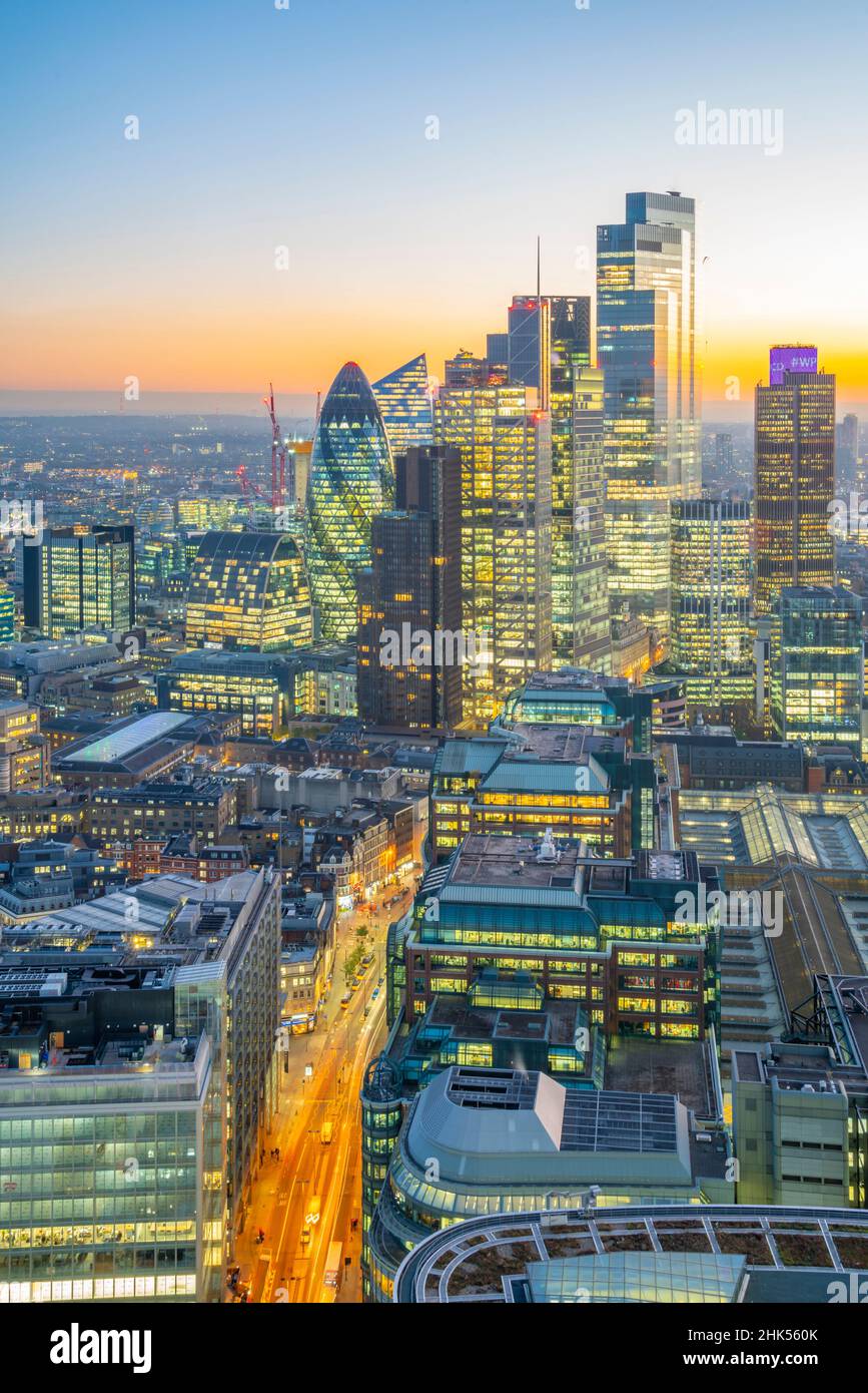 View of City of London skyscrapers at dusk from the Principal Tower, London, England, United Kingdom, Europe Stock Photo