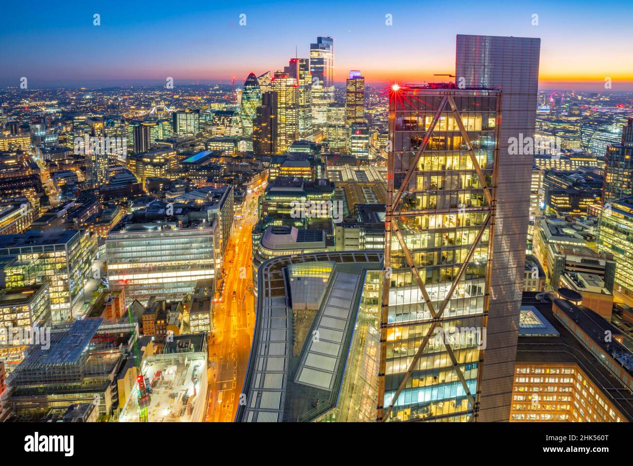 View of City of London skyscrapers at dusk from the Principal Tower, London, England, United Kingdom, Europe Stock Photo