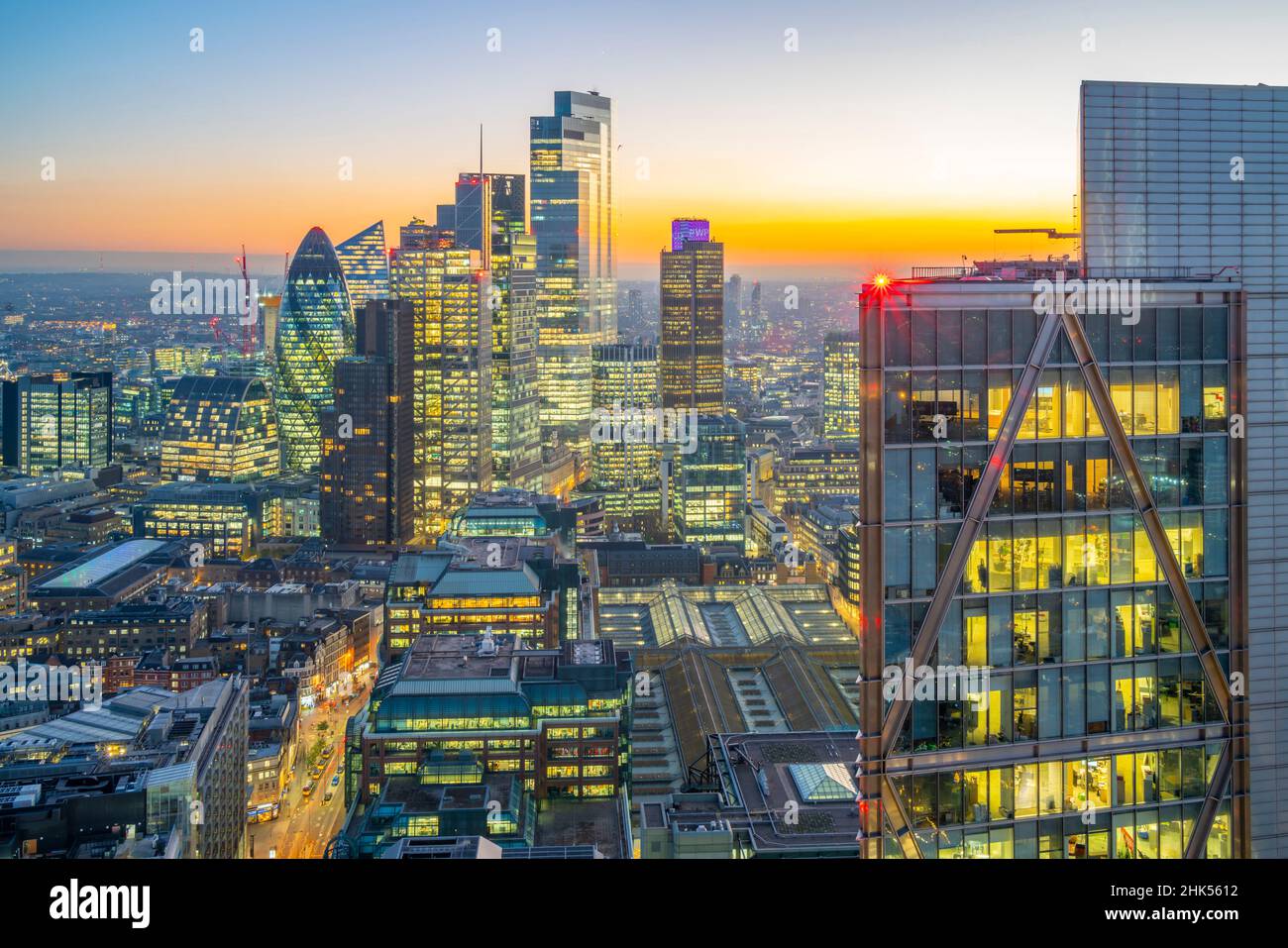 View of City of London skyscrapers at dusk from the Principal Tower, London, England, United Kingdom, Europe Stock Photo
