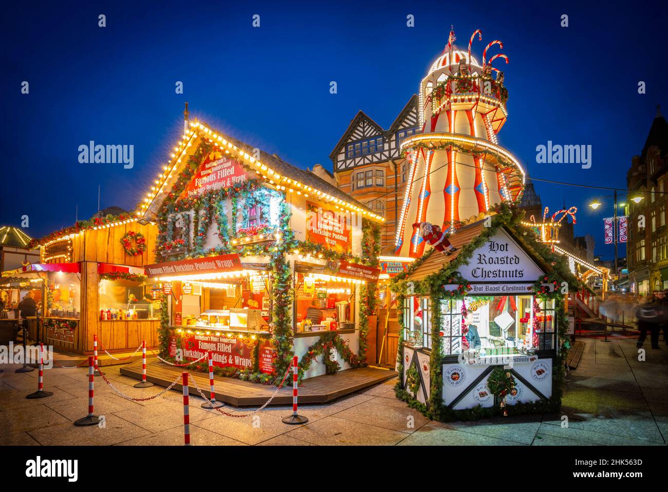 View of Christmas market stalls on Old Market Square, Nottingham, Nottinghamshire, England, United Kingdom, Europe Stock Photo